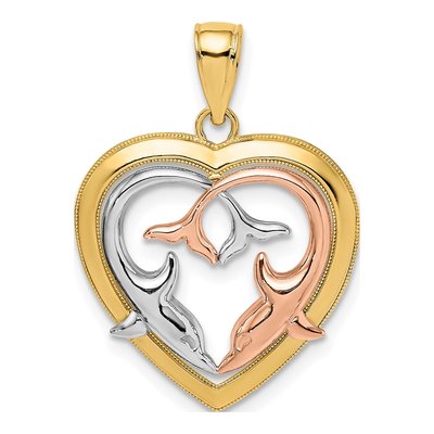 14K Two-Tone Gold Dolphins Heart Frame Charm
