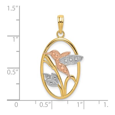 14K Two-Tone Gold Hummingbird Flowers Oval Charm – view 4