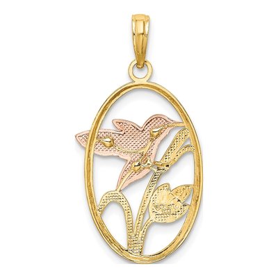 14K Two-Tone Gold Hummingbird Flowers Oval Charm – view 5
