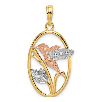 14K Two-Tone Gold Hummingbird Flowers Oval Charm