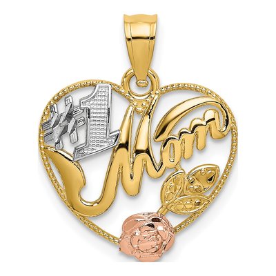 14K Two-Tone Gold MOM Flower Heart Number 1 Pendant
