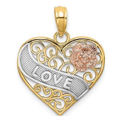 14K Two-Tone Gold LOVE Filigree Heart Pendant