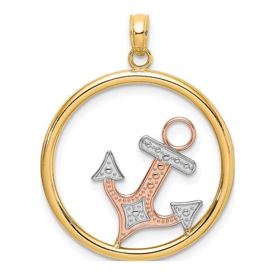 14K Two-Tone Gold Anchor Circle Pendant