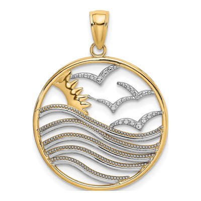14K Yellow Gold Sunset Seagulls Pendant