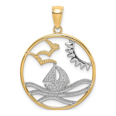 14K Yellow Gold Sun Sailboat Circle Pendant