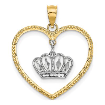 14K Yellow Gold Beaded Heart Crown Pendant