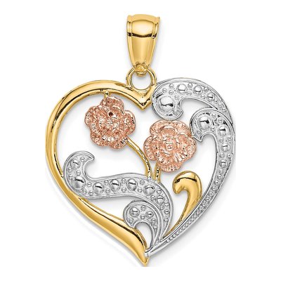 14K Two-Tone Gold Flower Heart Pendant