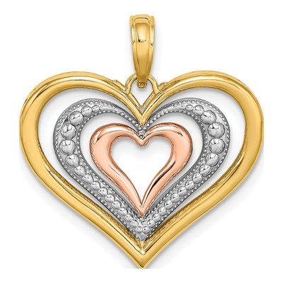 14K Two-Tone Gold Textured Triple Hearts Charm