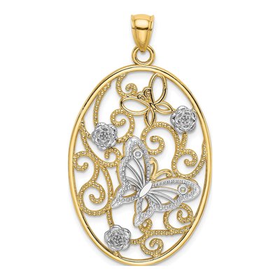 14K Two-Tone Gold Butterfly Flowers Charm