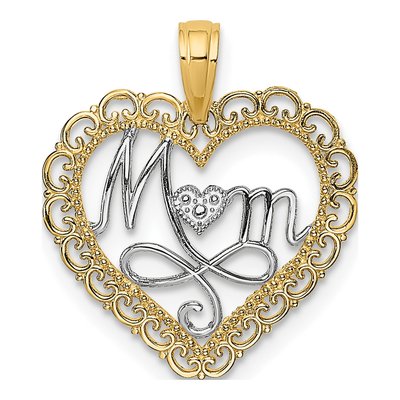 14K Yellow Gold MOM Scalloped Heart Pendant