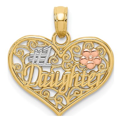 14K Two-Tone Gold Daughter Heart Flowers Number 1 Charm