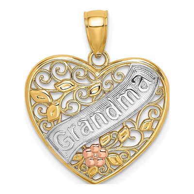 14K Two-Tone Gold Grandma Filigree Heart Charm