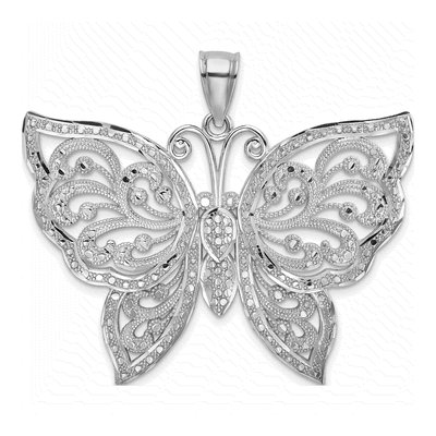 14K White Gold Diamond-Cut Beaded Butterfly Pendant