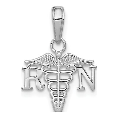 14K White Gold RN Caduceus Nurse Pendant