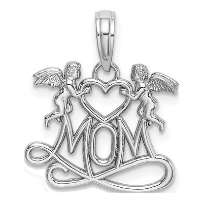 14K White Gold MOM Heart Angels Pendant