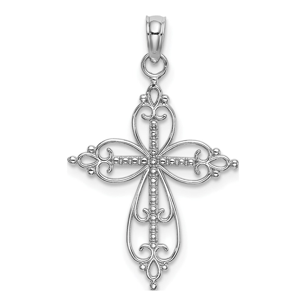 14K White Gold Beaded Cross Pendant