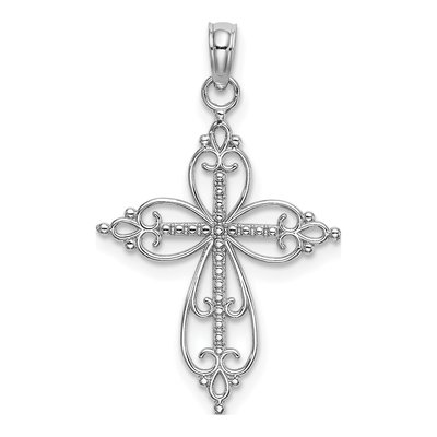 14K White Gold Beaded Cross Pendant