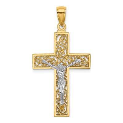 14K Two-Tone Gold Filigree Crucifix Pendant