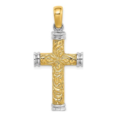 14K Two-Tone Gold Scroll Cross Pendant