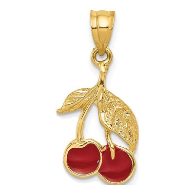 14K Yellow Gold Red Enamel Cherries Pendant