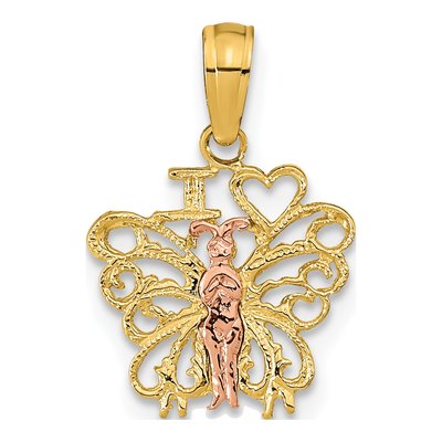 14K Two-Tone Gold I Heart Butterfly Pendant