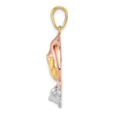 14K Tri-Color Gold Triple Dolphin Circle Pendant – view 3