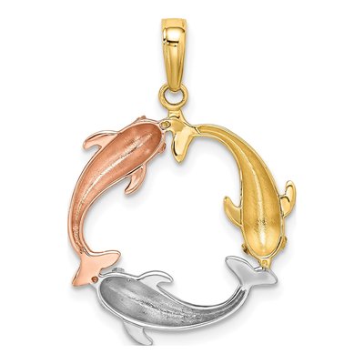 14K Tri-Color Gold Triple Dolphin Circle Pendant – view 4