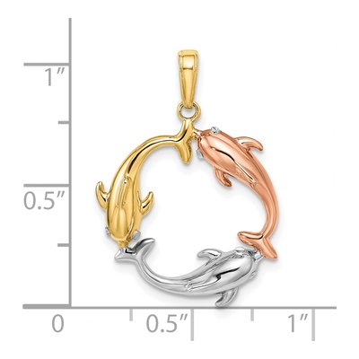 14K Tri-Color Gold Triple Dolphin Circle Pendant – view 5