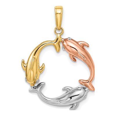 14K Tri-Color Gold Triple Dolphin Circle Pendant