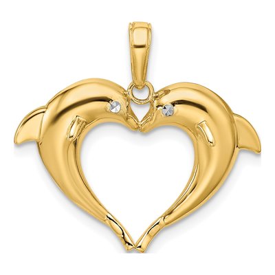 14K Yellow Gold Dolphin Heart Pendant