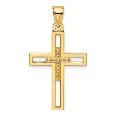 14K Yellow Gold Beaded Double Cross Pendant