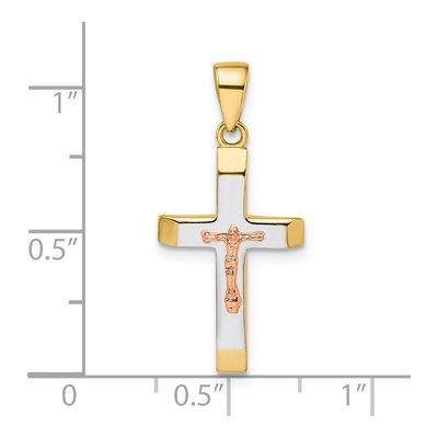 14K Two-Tone Yellow And Rose Gold With White Rhodium Beveled Medium Crucifix Pendant – view 4