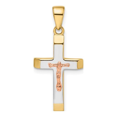 14K Two-Tone Yellow And Rose Gold With White Rhodium Beveled Medium Crucifix Pendant
