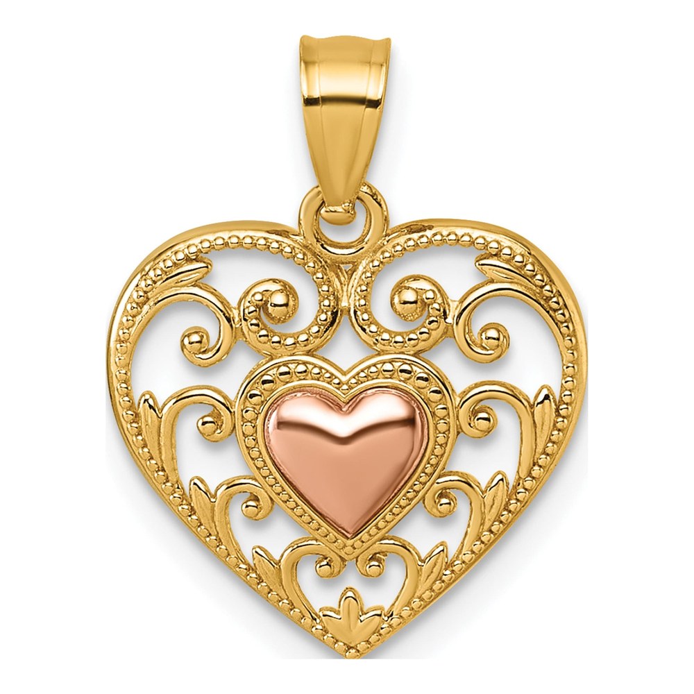 14K Two-Tone Polished And Textured Fancy Filigree Heart In Heart Pendant