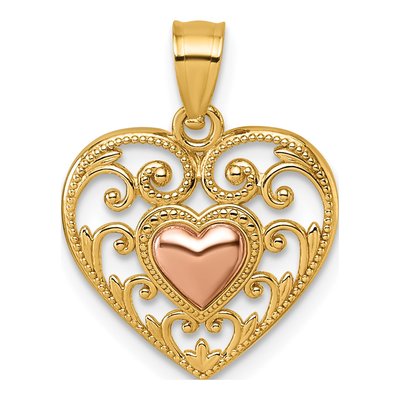 14K Two-Tone Gold Filigree Heart Pendant