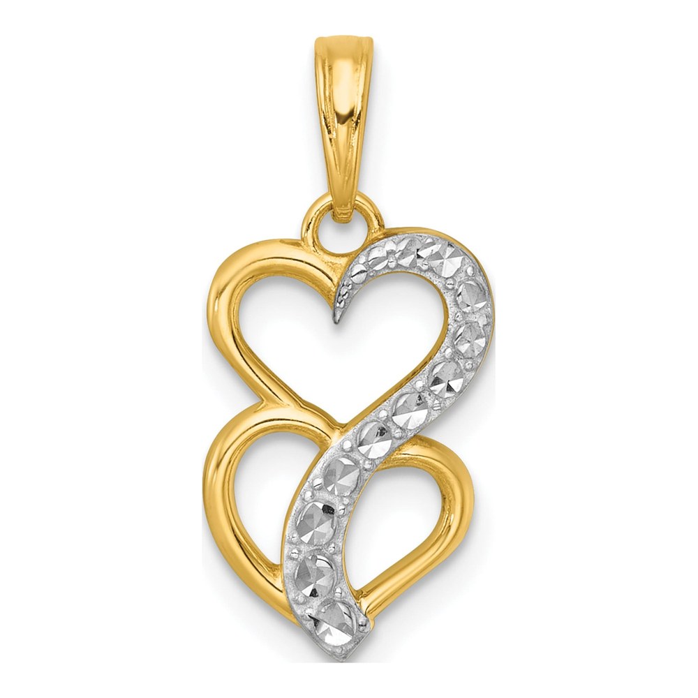 14K With White Rhodium Polished And Brushed Two Hearts Pendant
