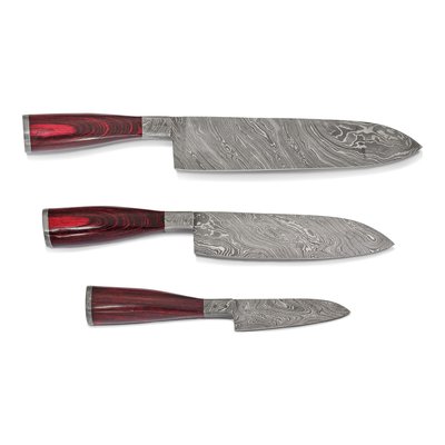 3-Piece Damascus Steel Chef Knife Set with Wood Handles