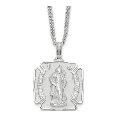 St. Florian Medal Necklace, 24" Rhodium Chain