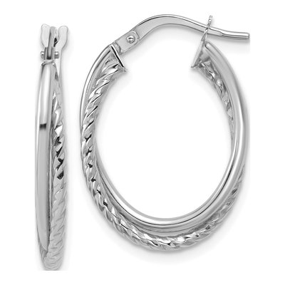 14K White Gold Textured Oval Hoop Earrings