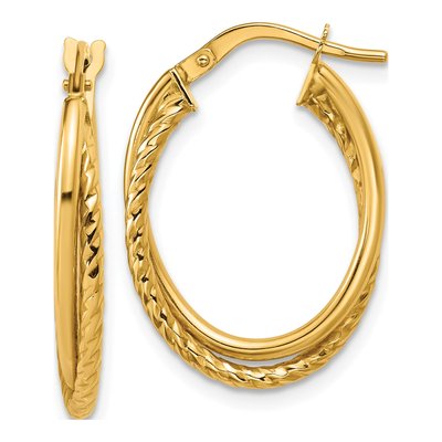 14K Yellow Gold Textured Oval Hoop Earrings