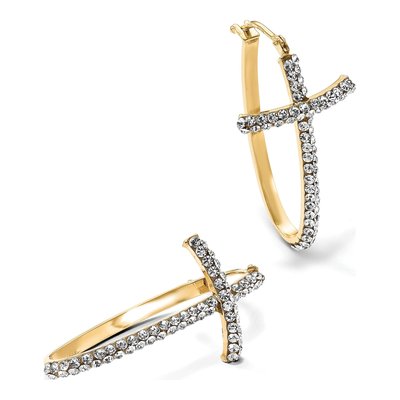 14K Yellow Gold 24mm Crystal Cross Hoop Earrings – view 6