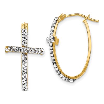 14K Yellow Gold 24mm Crystal Cross Hoop Earrings