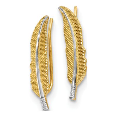14K Yellow Gold Feather Ear Climbers Threader Earrings – view 3