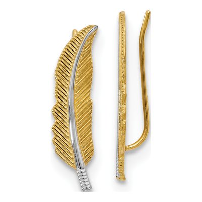 14K Yellow Gold Feather Ear Climbers Threader Earrings