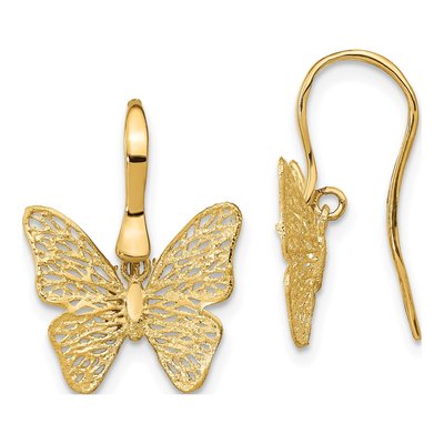 14K Yellow Gold Filigree Butterfly Dangle Earrings