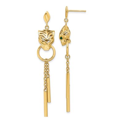 14K Yellow Gold Green Enamel Tiger Dangle Earrings