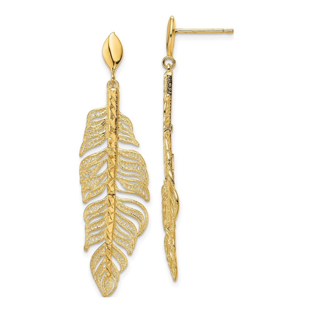 14K Yellow Gold Textured Leaf Dangle Earrings