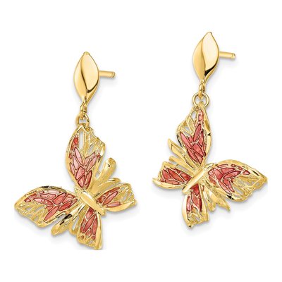 14K Yellow Gold Pink Enamel Butterfly Dangle Earrings – view 3