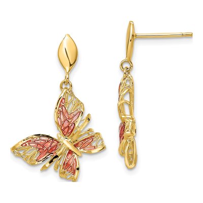 14K Yellow Gold Pink Enamel Butterfly Dangle Earrings