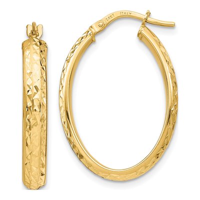 14K Yellow Gold 27mm Diamond-Cut Oval Hoop Earrings